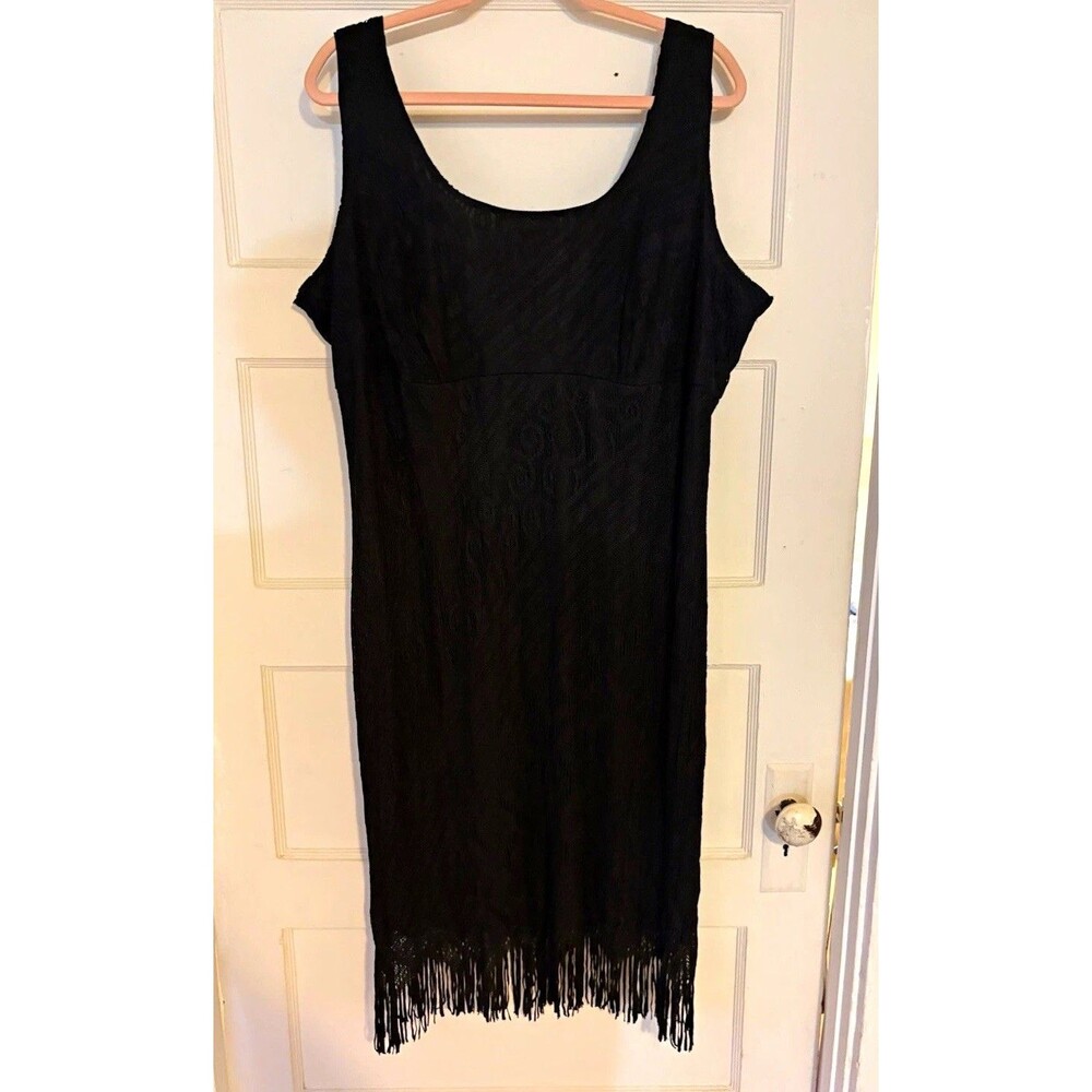 Venezia Plus 22/24 Black Knit Midi Dress Scoop Neck Sleeveless Fringe Hem